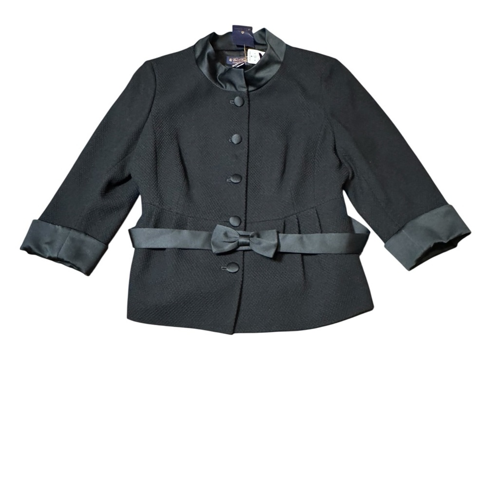 Brooks Brothers Black Textured Satin-Trim Button Jacket with Bow Belt Size 16